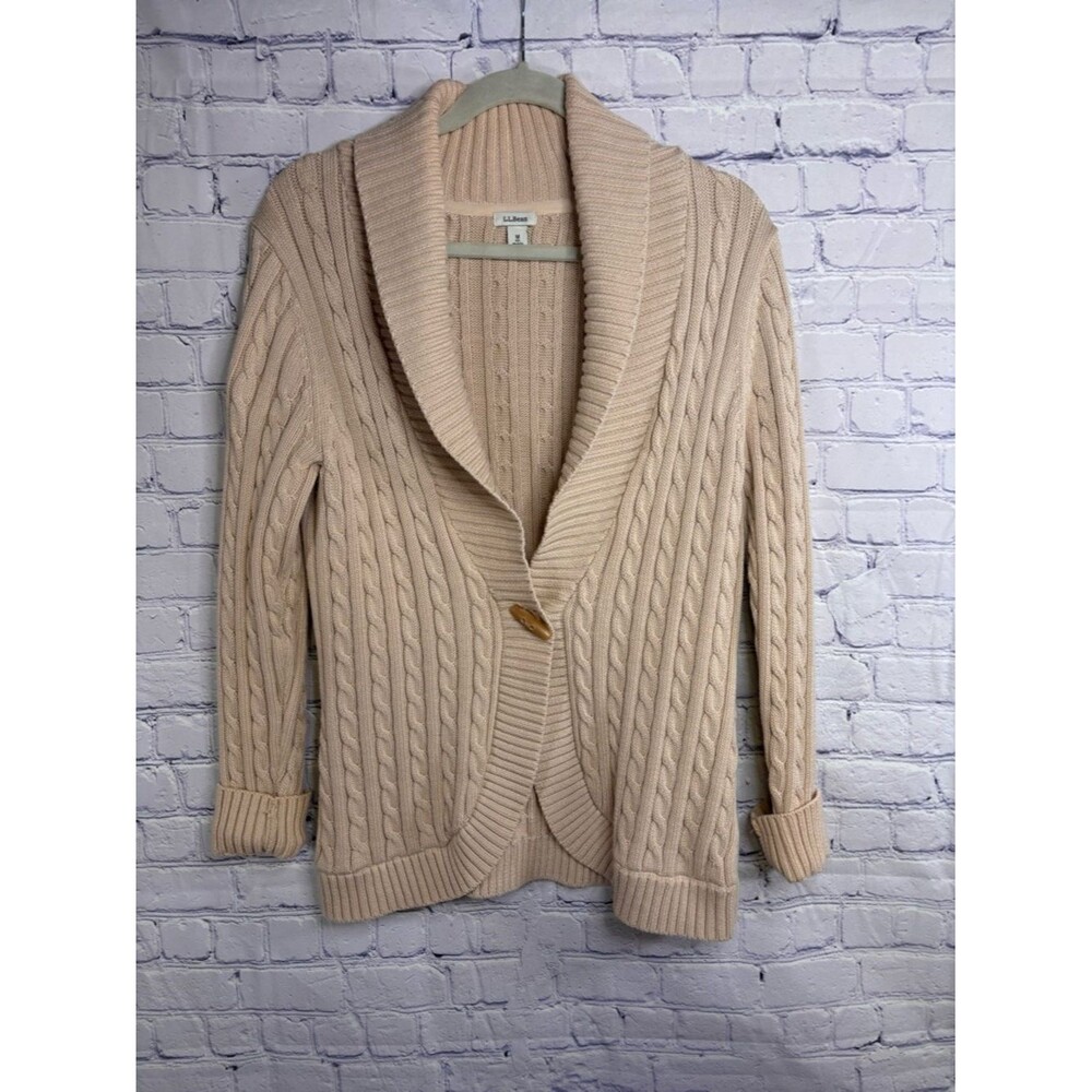 LL Bean Oatmeal Tan Classic Preppy Cotton Cable Knit Shawl Cardigan Sweater M